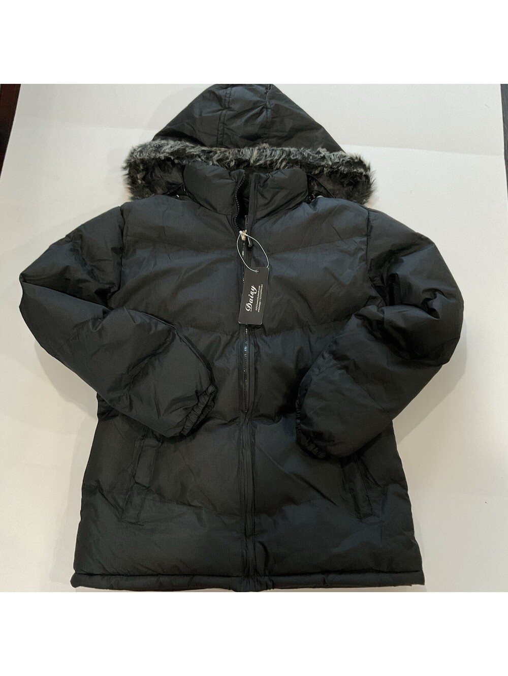 Black hooded puffer jacket with a faux-fur trim along the hood Size Small NWT